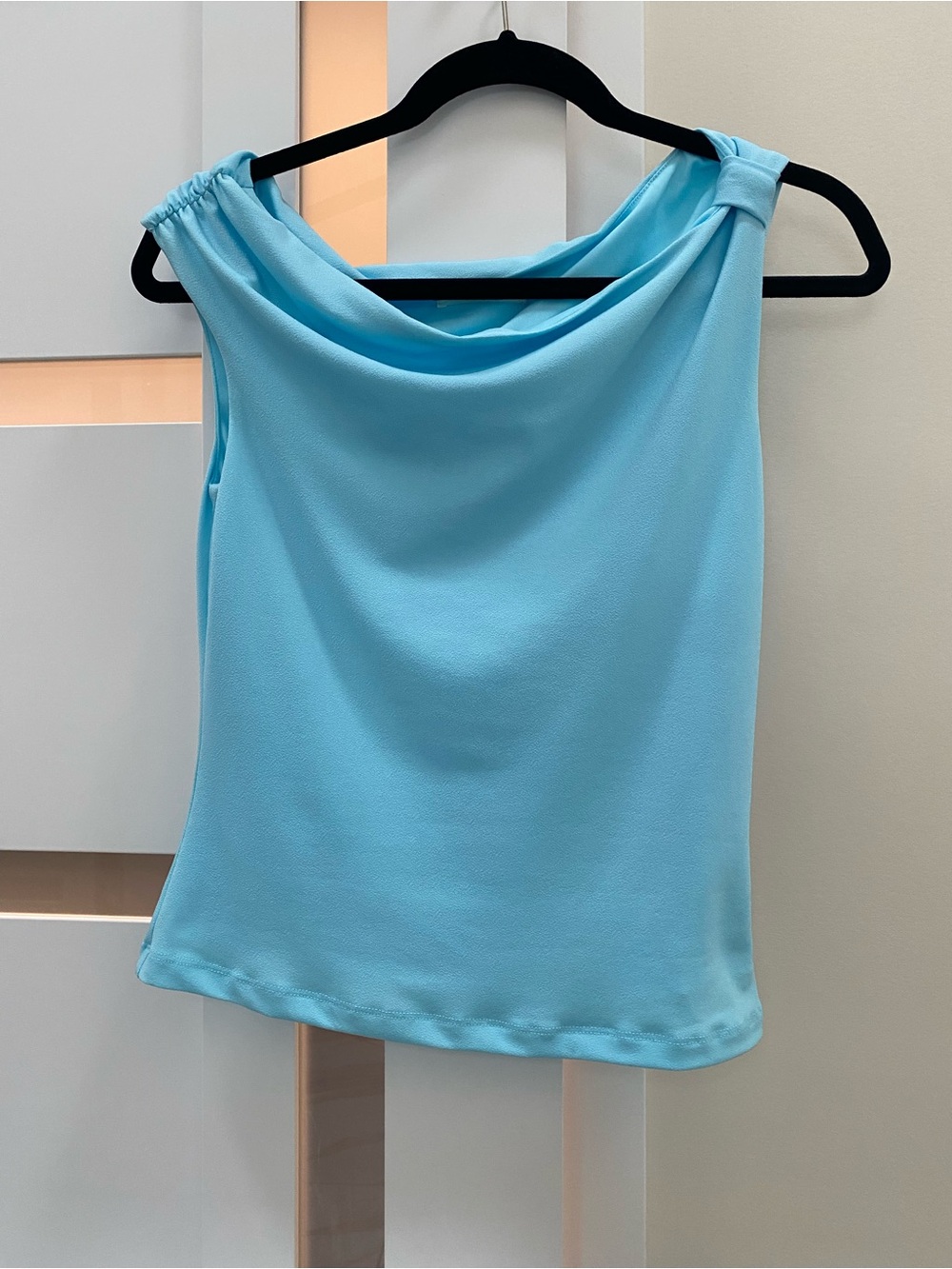 Sleeveless Blue Blouse with Draped Cowl